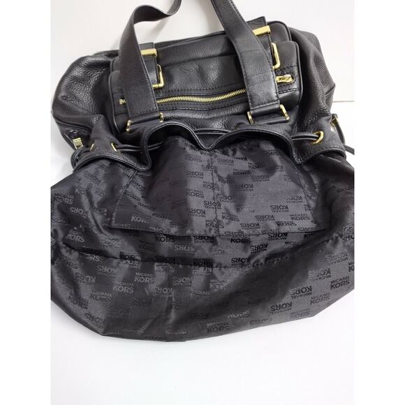 Michael Kors Black Leather Zipper Front Pockets Drawstring Closure Shoulder Bag - Picture 10 of 12